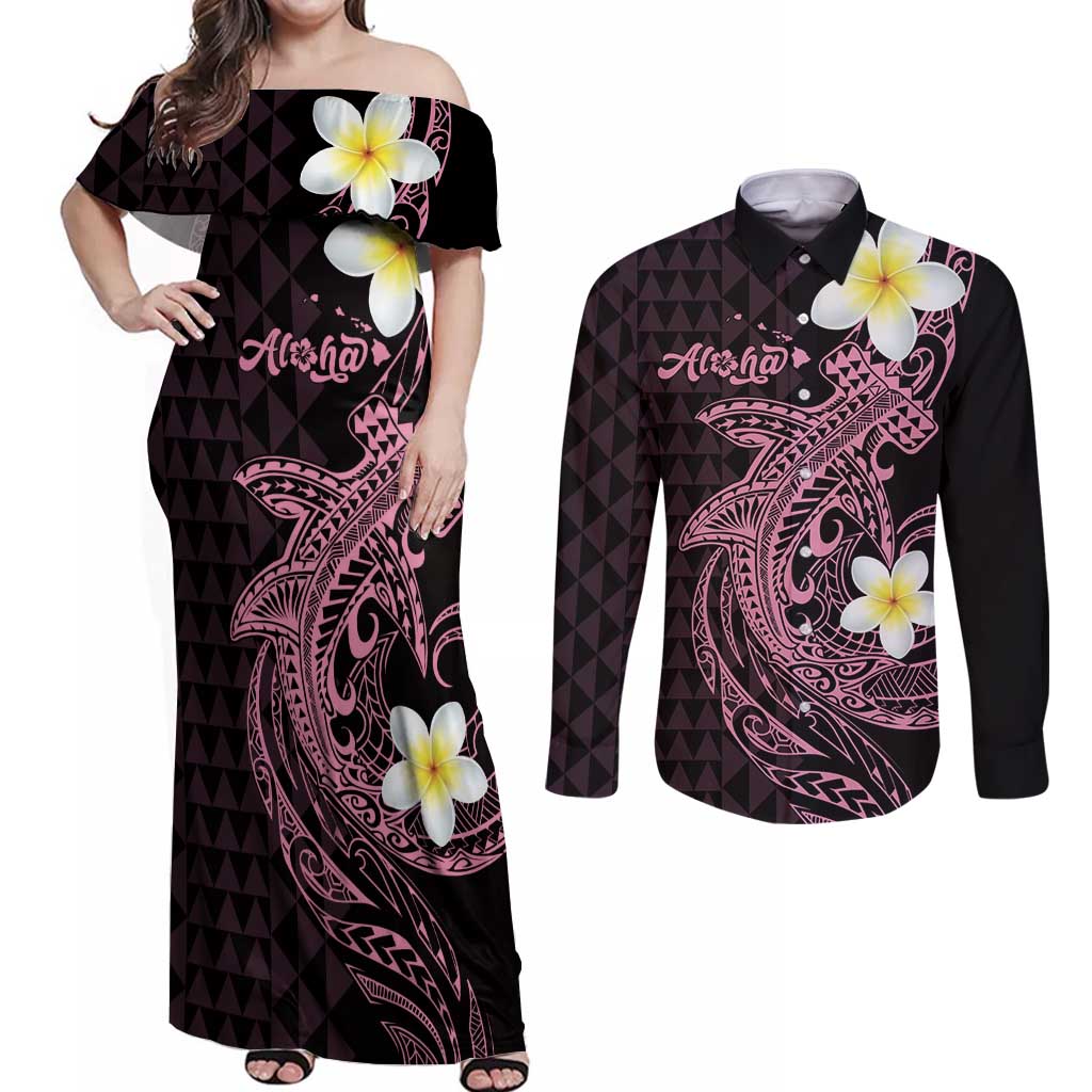 Aloha Hammerhead Shark Couples Matching Off Shoulder Maxi Dress and Long Sleeve Button Shirt Vivacious Pink Hawaiian Kakau Tribal Tattoo LT9 Pink - Polynesian Pride