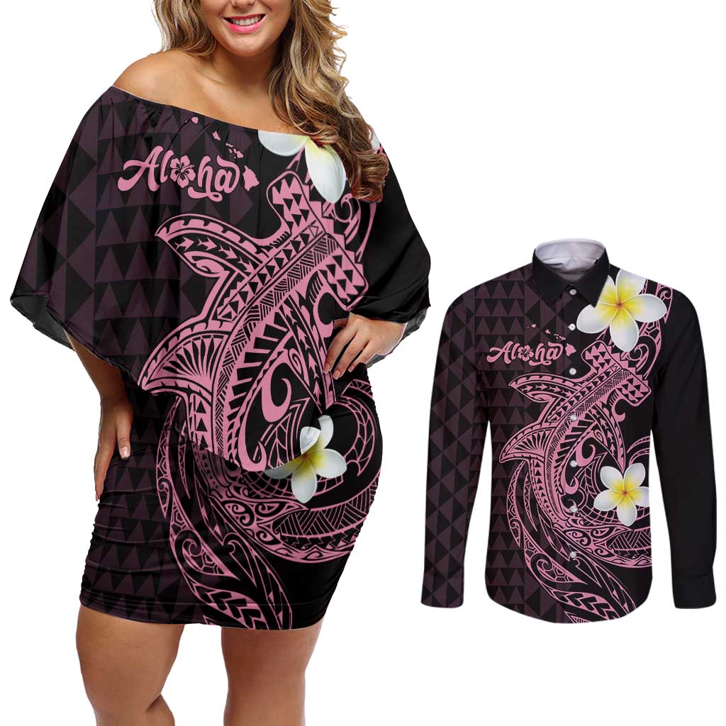 Aloha Hammerhead Shark Couples Matching Off Shoulder Short Dress and Long Sleeve Button Shirt Vivacious Pink Hawaiian Kakau Tribal Tattoo LT9 Pink - Polynesian Pride