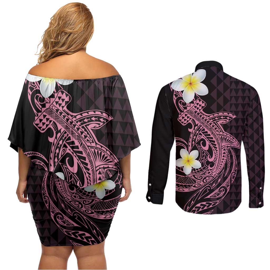 Aloha Hammerhead Shark Couples Matching Off Shoulder Short Dress and Long Sleeve Button Shirt Vivacious Pink Hawaiian Kakau Tribal Tattoo LT9 - Polynesian Pride
