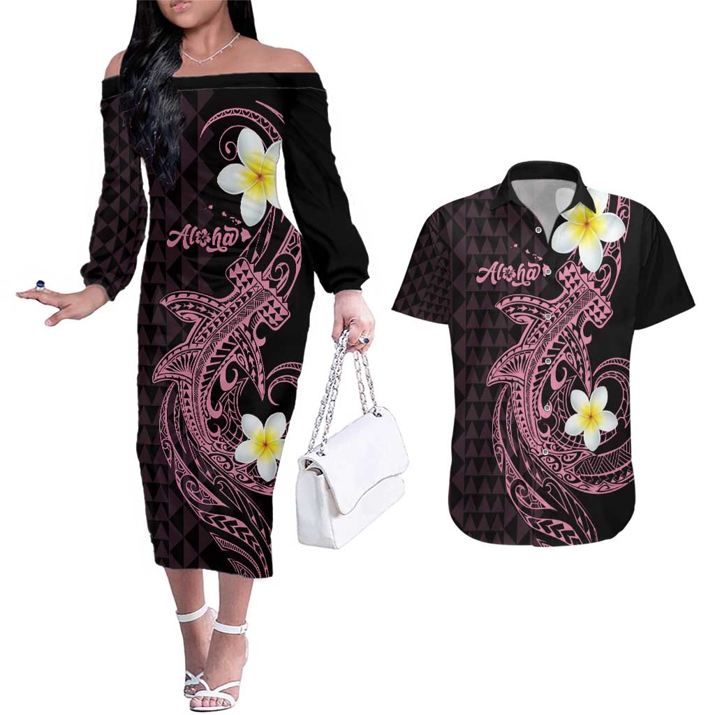 Aloha Hammerhead Shark Couples Matching Off The Shoulder Long Sleeve Dress and Hawaiian Shirt Vivacious Pink Hawaiian Kakau Tribal Tattoo LT9 Pink - Polynesian Pride
