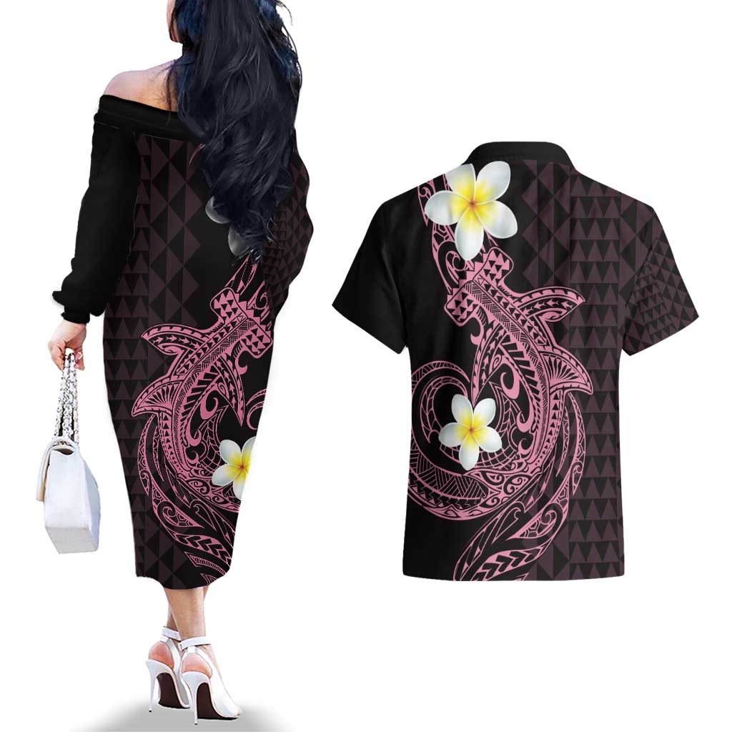Aloha Hammerhead Shark Couples Matching Off The Shoulder Long Sleeve Dress and Hawaiian Shirt Vivacious Pink Hawaiian Kakau Tribal Tattoo LT9 - Polynesian Pride
