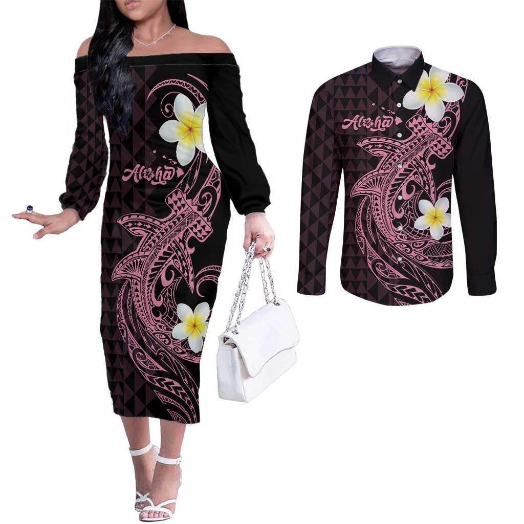 Aloha Hammerhead Shark Couples Matching Off The Shoulder Long Sleeve Dress and Long Sleeve Button Shirt Vivacious Pink Hawaiian Kakau Tribal Tattoo LT9 Pink - Polynesian Pride
