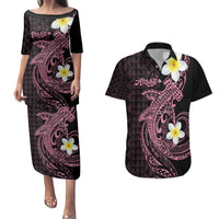 Aloha Hammerhead Shark Couples Matching Puletasi and Hawaiian Shirt Vivacious Pink Hawaiian Kakau Tribal Tattoo LT9 Pink - Polynesian Pride