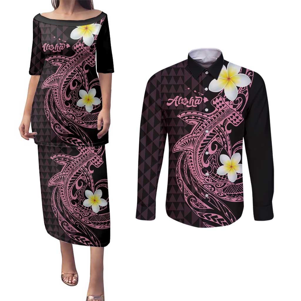 Aloha Hammerhead Shark Couples Matching Puletasi and Long Sleeve Button Shirt Vivacious Pink Hawaiian Kakau Tribal Tattoo
