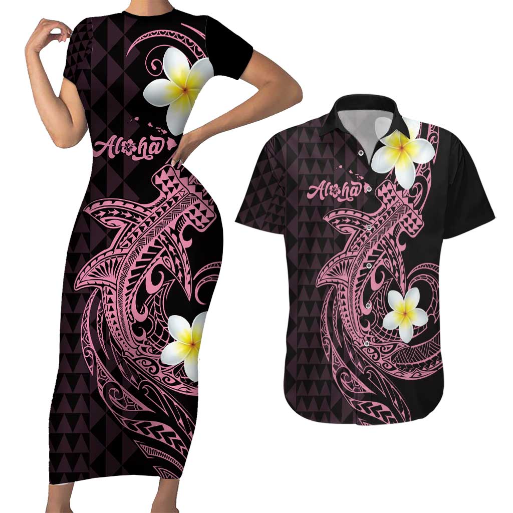 Aloha Hammerhead Shark Couples Matching Short Sleeve Bodycon Dress and Hawaiian Shirt Vivacious Pink Hawaiian Kakau Tribal Tattoo LT9 Pink - Polynesian Pride