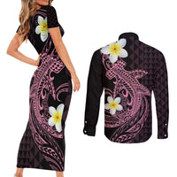 Aloha Hammerhead Shark Couples Matching Short Sleeve Bodycon Dress and Long Sleeve Button Shirt Vivacious Pink Hawaiian Kakau Tribal Tattoo LT9 - Polynesian Pride