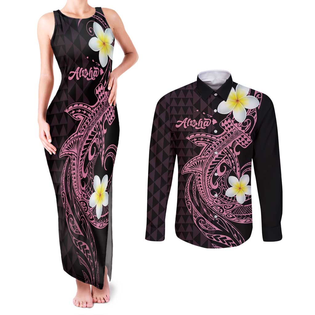 Aloha Hammerhead Shark Couples Matching Tank Maxi Dress and Long Sleeve Button Shirt Vivacious Pink Hawaiian Kakau Tribal Tattoo LT9 Pink - Polynesian Pride