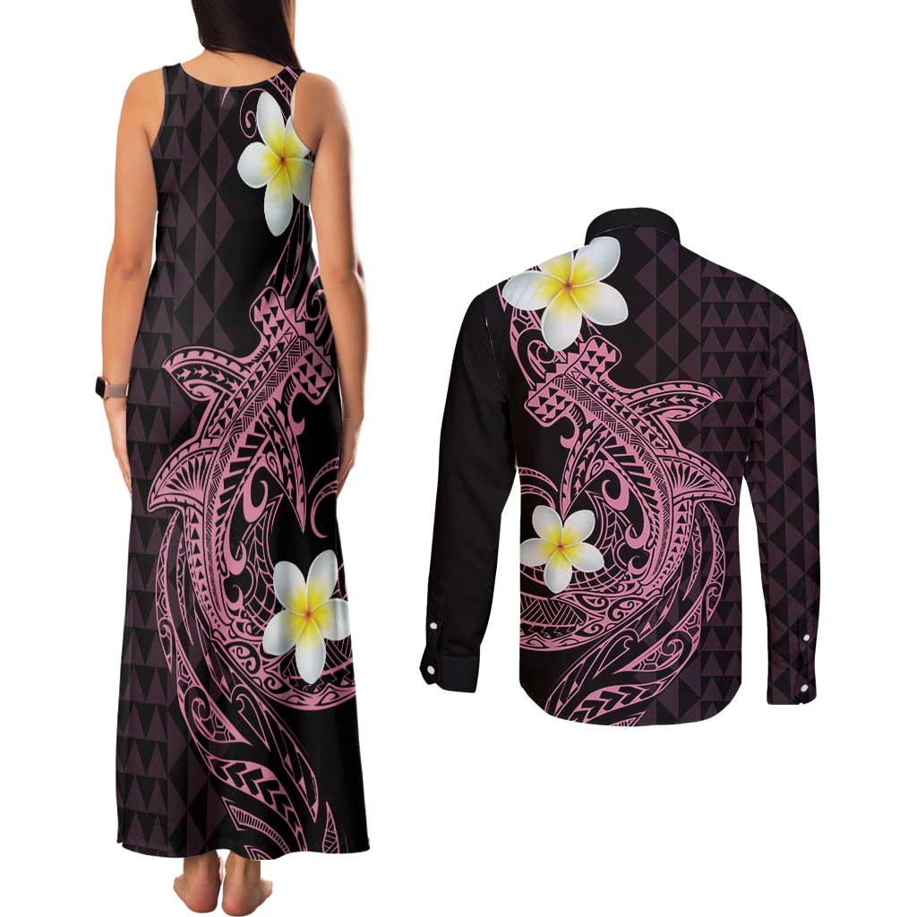 Aloha Hammerhead Shark Couples Matching Tank Maxi Dress and Long Sleeve Button Shirt Vivacious Pink Hawaiian Kakau Tribal Tattoo LT9 - Polynesian Pride