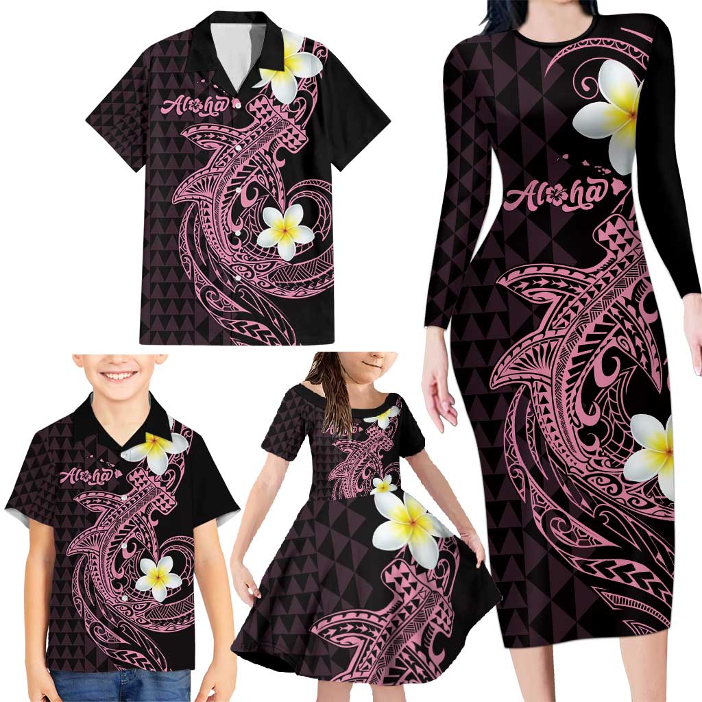 Aloha Hammerhead Shark Family Matching Long Sleeve Bodycon Dress and Hawaiian Shirt Vivacious Pink Hawaiian Kakau Tribal Tattoo LT9 - Polynesian Pride