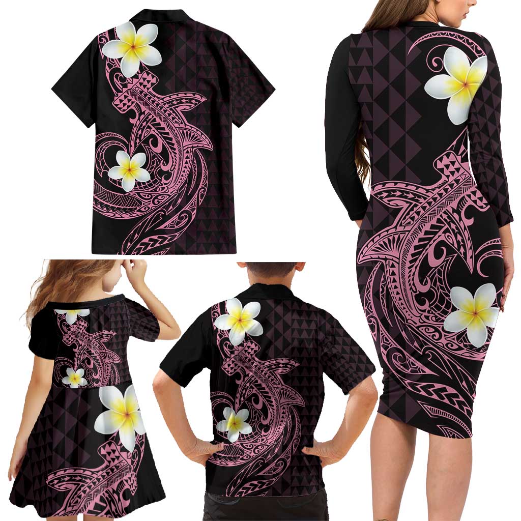 Aloha Hammerhead Shark Family Matching Long Sleeve Bodycon Dress and Hawaiian Shirt Vivacious Pink Hawaiian Kakau Tribal Tattoo LT9 - Polynesian Pride