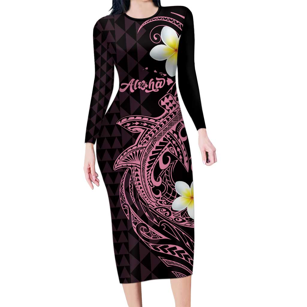 Aloha Hammerhead Shark Family Matching Long Sleeve Bodycon Dress and Hawaiian Shirt Vivacious Pink Hawaiian Kakau Tribal Tattoo LT9 Mom's Dress Pink - Polynesian Pride