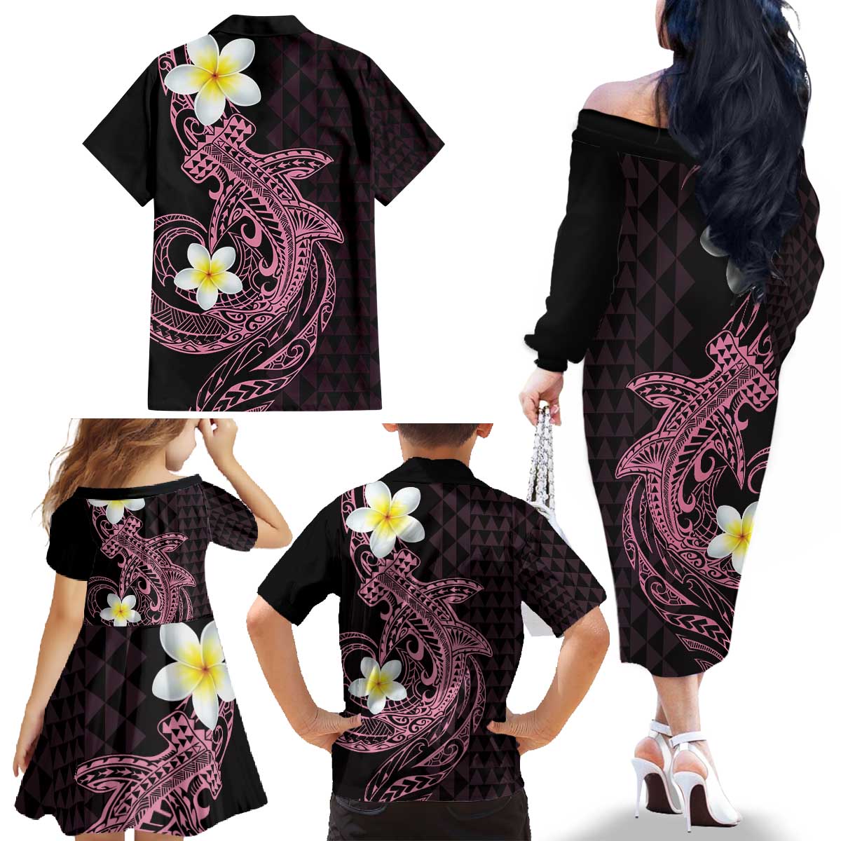 Aloha Hammerhead Shark Family Matching Off The Shoulder Long Sleeve Dress and Hawaiian Shirt Vivacious Pink Hawaiian Kakau Tribal Tattoo LT9 - Polynesian Pride