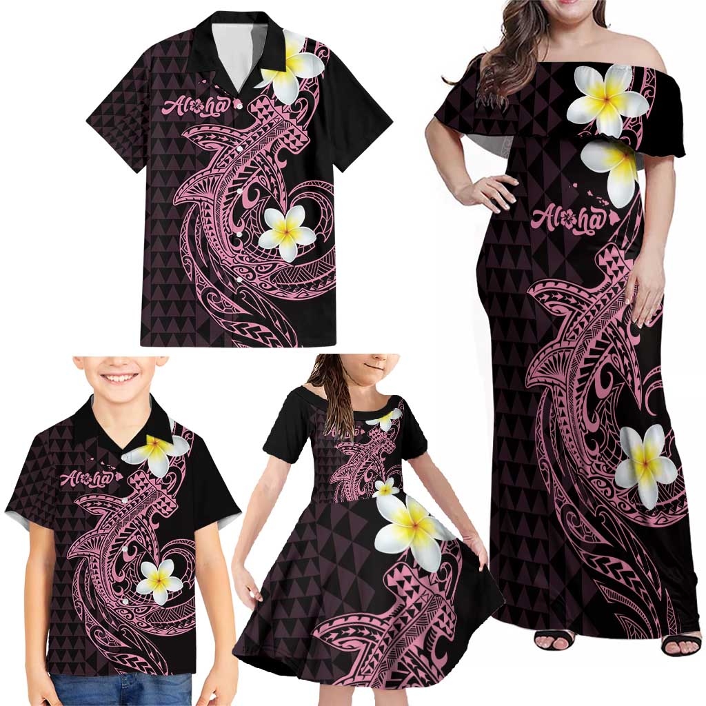 Aloha Hammerhead Shark Family Matching Off Shoulder Maxi Dress and Hawaiian Shirt Vivacious Pink Hawaiian Kakau Tribal Tattoo LT9 - Polynesian Pride