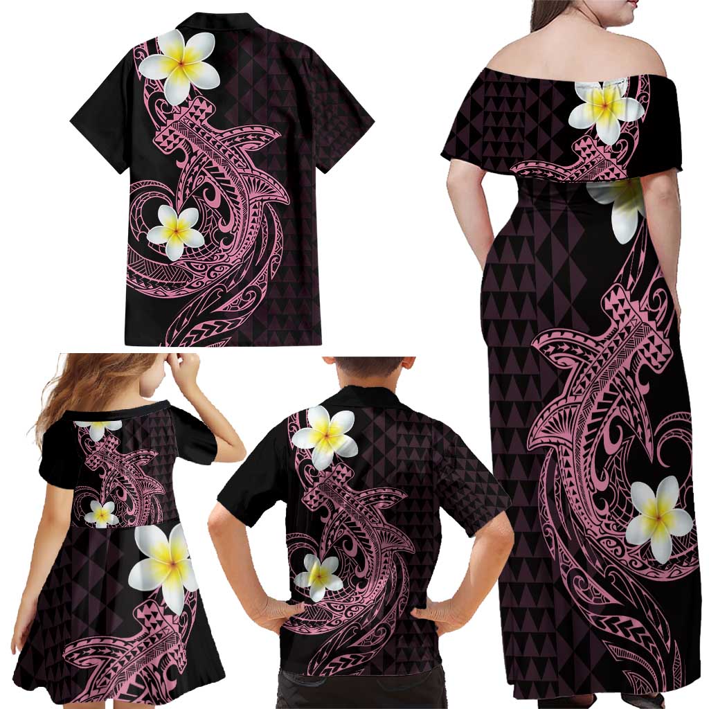 Aloha Hammerhead Shark Family Matching Off Shoulder Maxi Dress and Hawaiian Shirt Vivacious Pink Hawaiian Kakau Tribal Tattoo LT9 - Polynesian Pride
