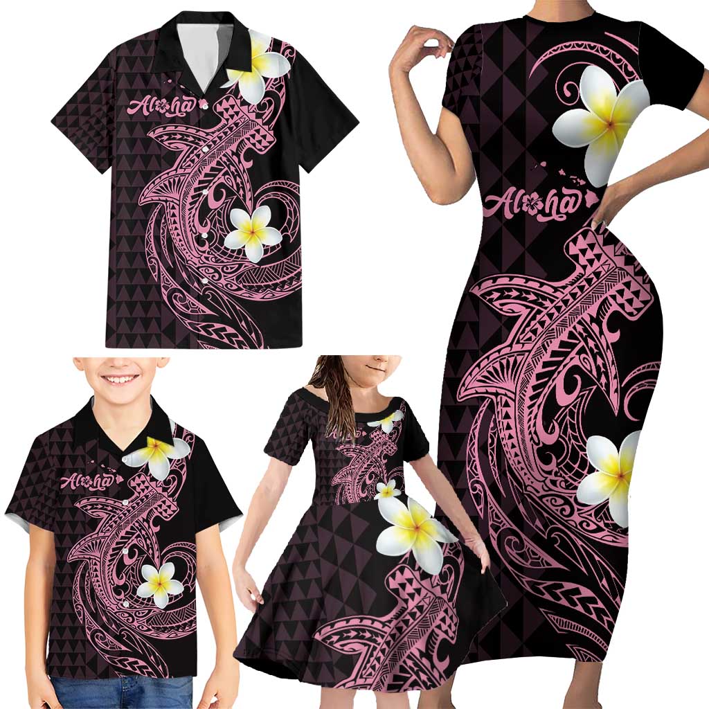 Aloha Hammerhead Shark Family Matching Short Sleeve Bodycon Dress and Hawaiian Shirt Vivacious Pink Hawaiian Kakau Tribal Tattoo LT9 - Polynesian Pride