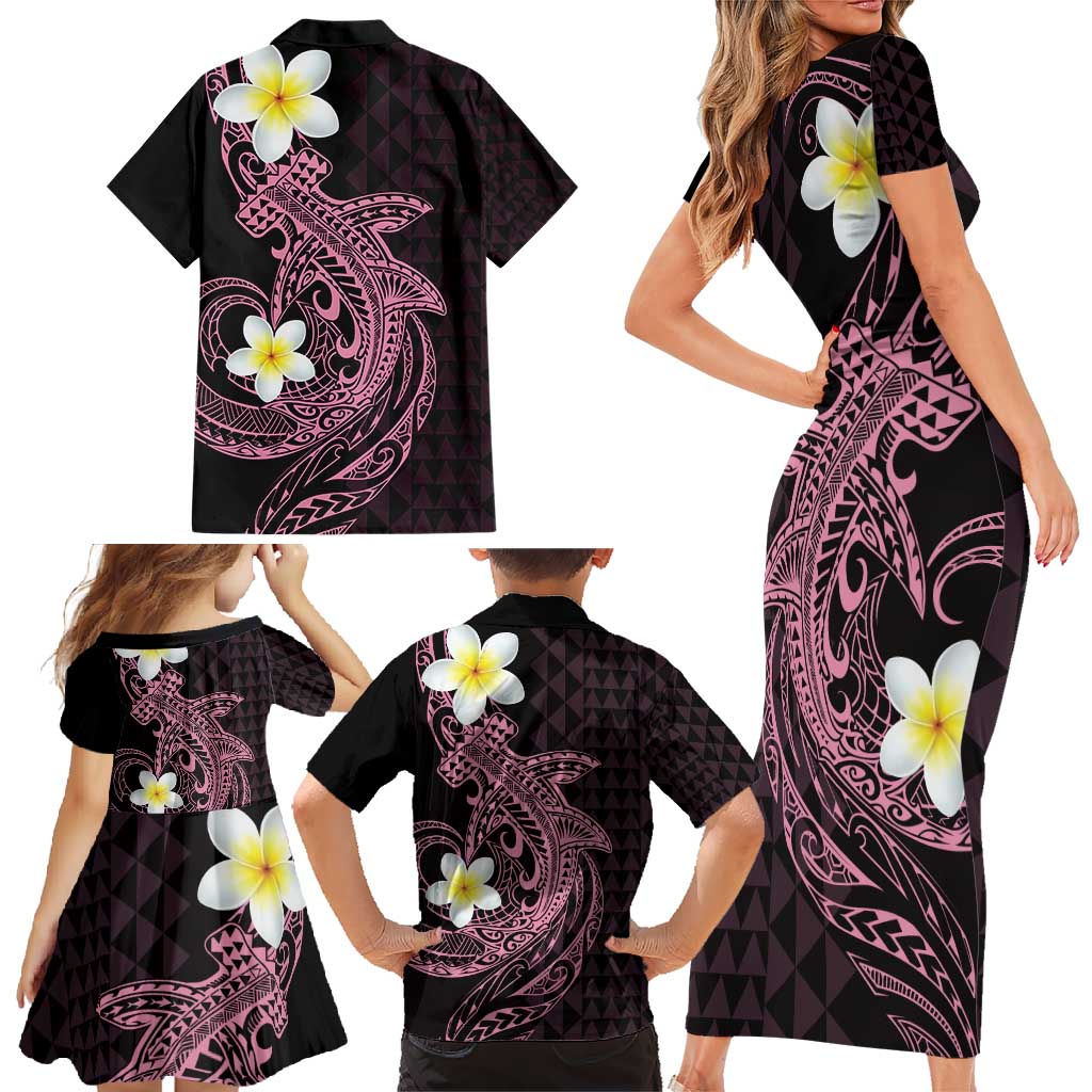 Aloha Hammerhead Shark Family Matching Short Sleeve Bodycon Dress and Hawaiian Shirt Vivacious Pink Hawaiian Kakau Tribal Tattoo LT9 - Polynesian Pride