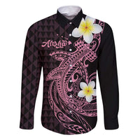 Aloha Hammerhead Shark Family Matching Tank Maxi Dress and Hawaiian Shirt Vivacious Pink Hawaiian Kakau Tribal Tattoo LT9 Dad's Shirt - Long Sleeve Pink - Polynesian Pride