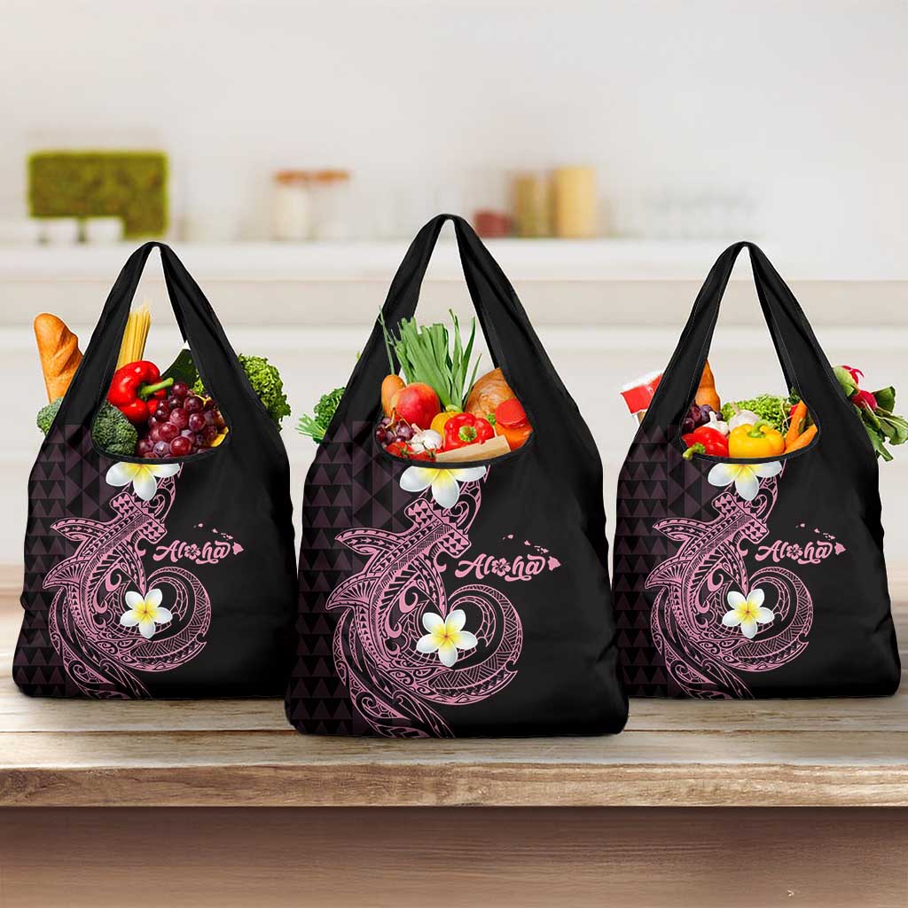Aloha Hammerhead Shark Grocery Bag Vivacious Pink Hawaiian Kakau Tribal Tattoo