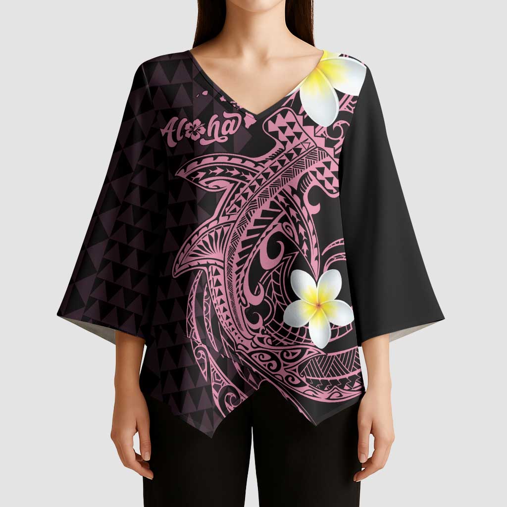 Aloha Hammerhead Shark Kimono Sleeve Blouse Vivacious Pink Hawaiian Kakau Tribal Tattoo - Polynesian Pride