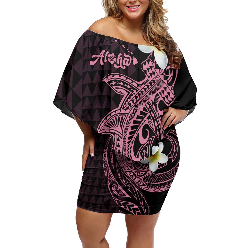 Aloha Hammerhead Shark Off Shoulder Short Dress Vivacious Pink Hawaiian Kakau Tribal Tattoo