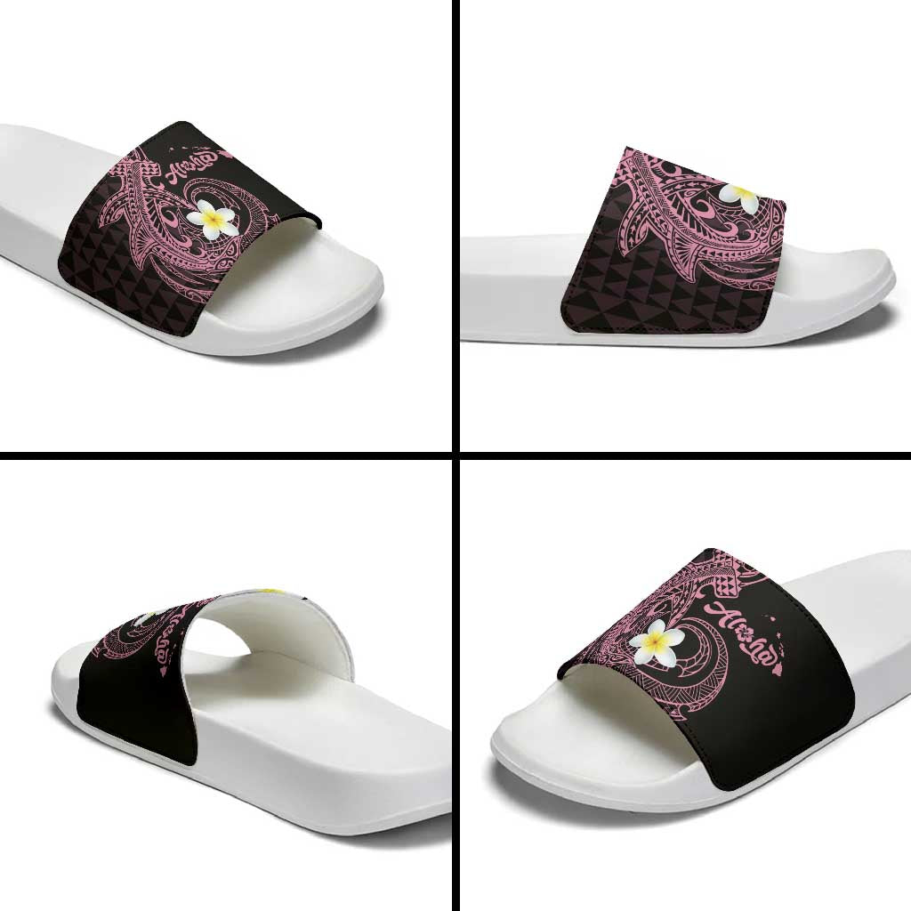 Aloha Hammerhead Shark Slide Sandals Vivacious Pink Hawaiian Kakau Tribal Tattoo - Polynesian Pride
