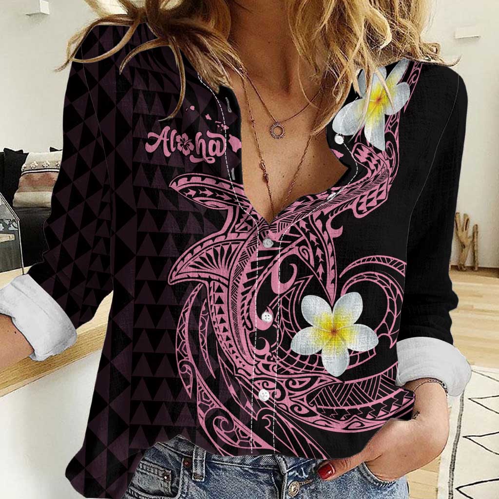 Aloha Hammerhead Shark Women Casual Shirt Vivacious Pink Hawaiian Kakau Tribal Tattoo LT9 Female Pink - Polynesian Pride