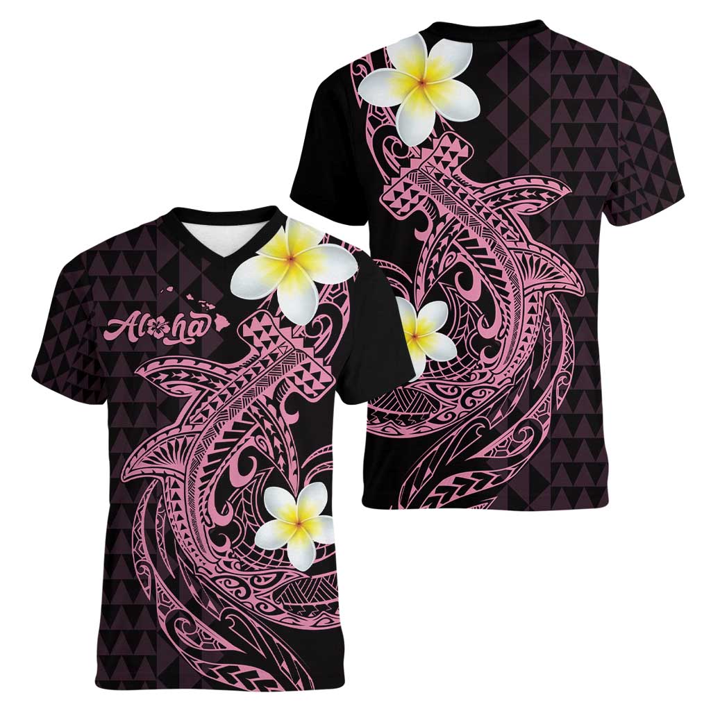 Aloha Hammerhead Shark Women V-Neck T-Shirt Vivacious Pink Hawaiian Kakau Tribal Tattoo