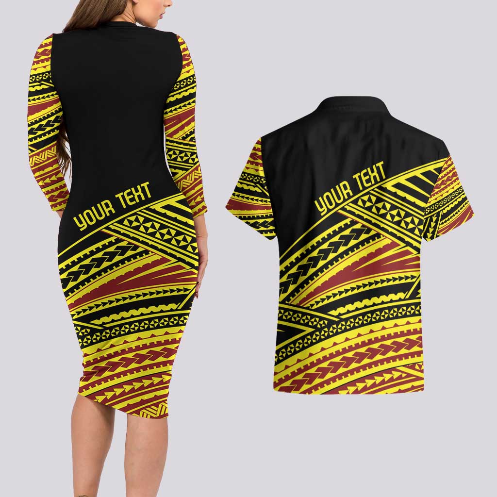 Personalised Tonga Ha apai High School Couples Matching Long Sleeve Bodycon Dress and Hawaiian Shirt Ngatu Fonulei Pattern