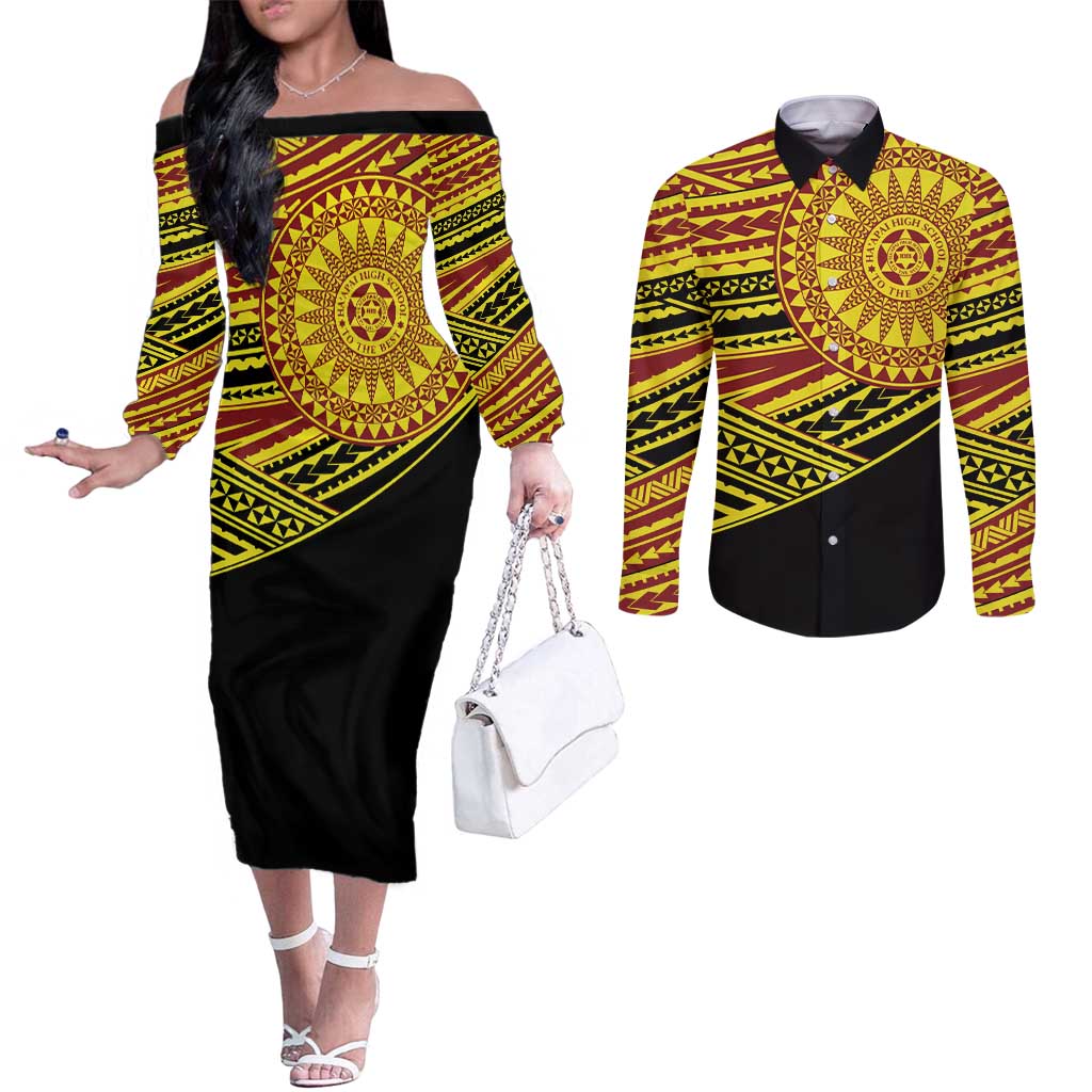 Personalised Tonga Ha apai High School Couples Matching Off The Shoulder Long Sleeve Dress and Long Sleeve Button Shirt Ngatu Fonulei Pattern