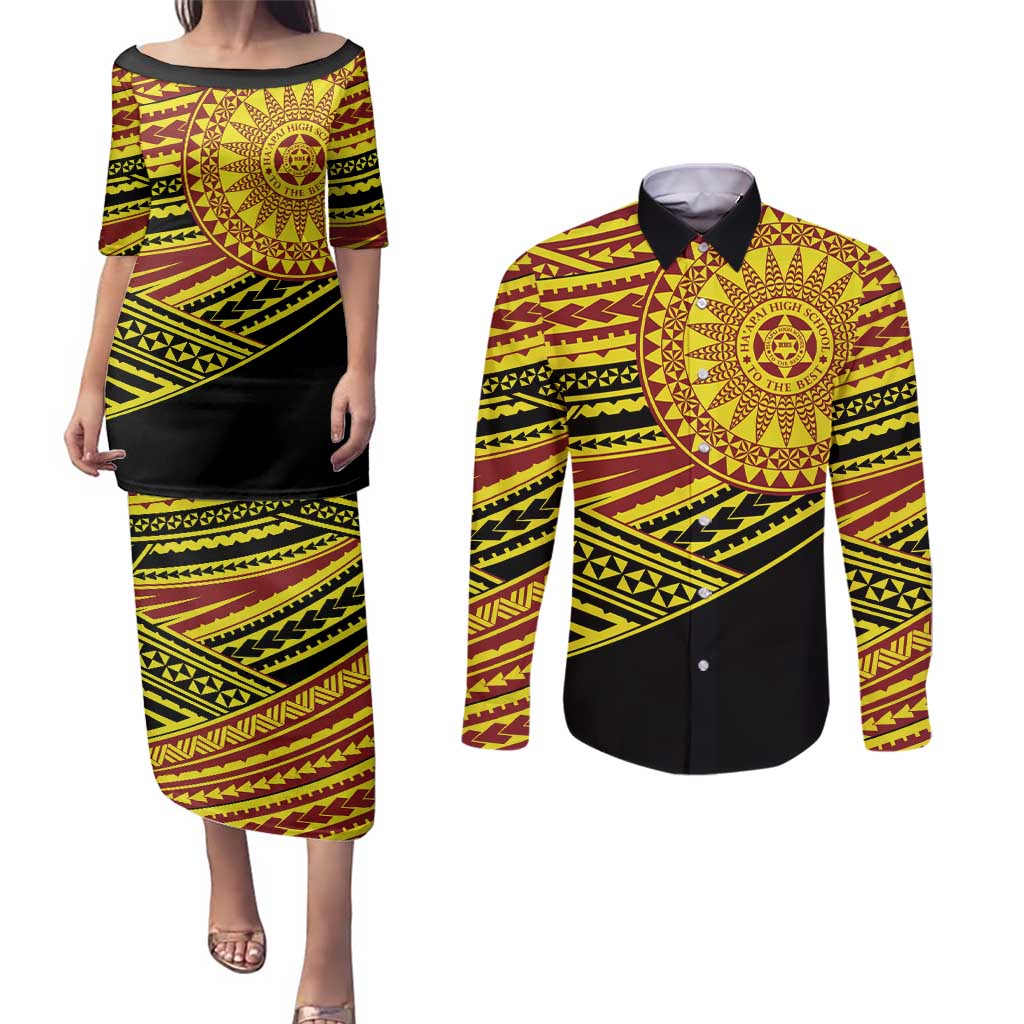 Personalised Tonga Ha apai High School Couples Matching Puletasi and Long Sleeve Button Shirt Ngatu Fonulei Pattern