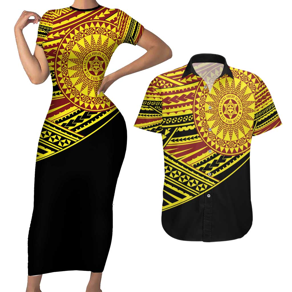 Personalised Tonga Ha apai High School Couples Matching Short Sleeve Bodycon Dress and Hawaiian Shirt Ngatu Fonulei Pattern