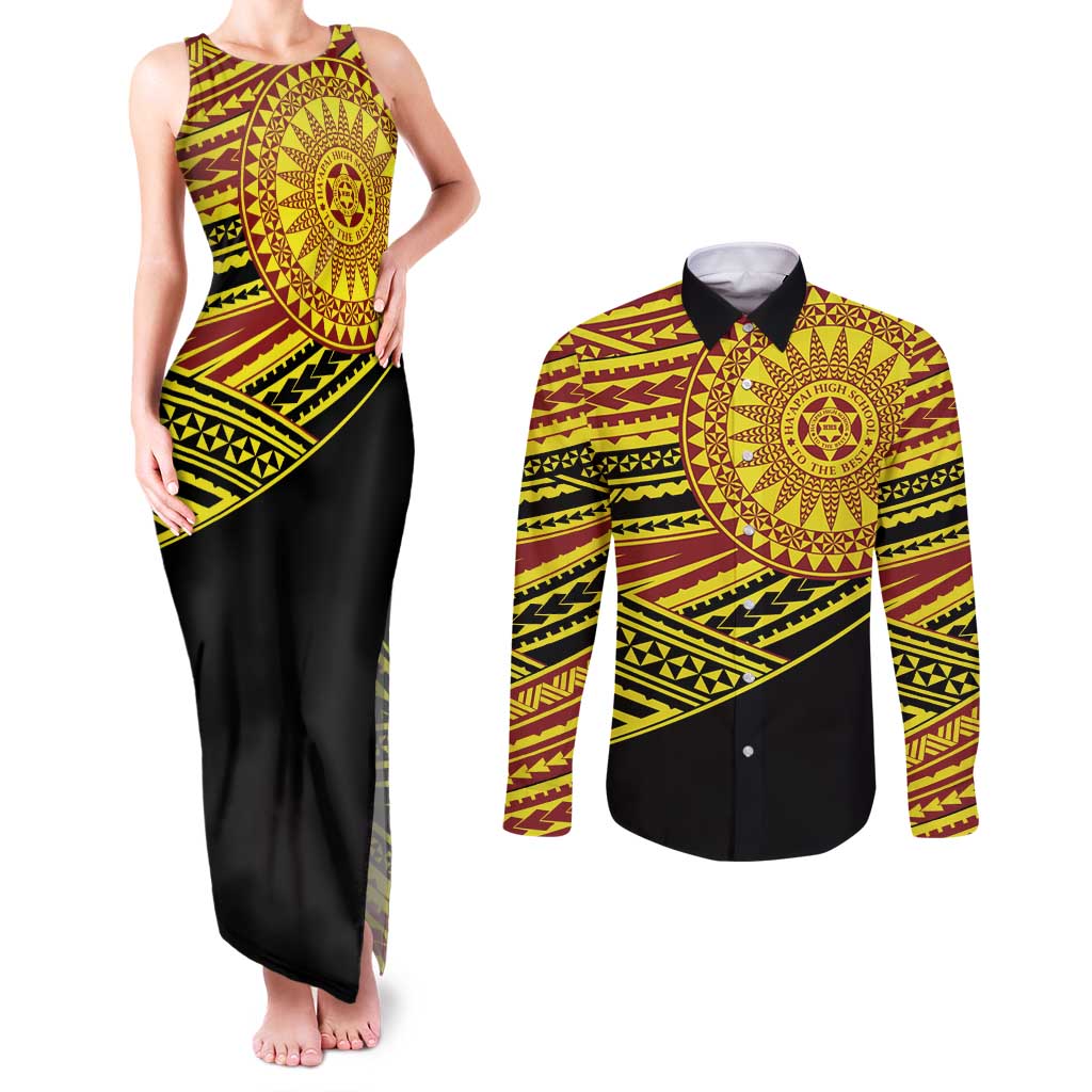 Personalised Tonga Ha apai High School Couples Matching Tank Maxi Dress and Long Sleeve Button Shirt Ngatu Fonulei Pattern
