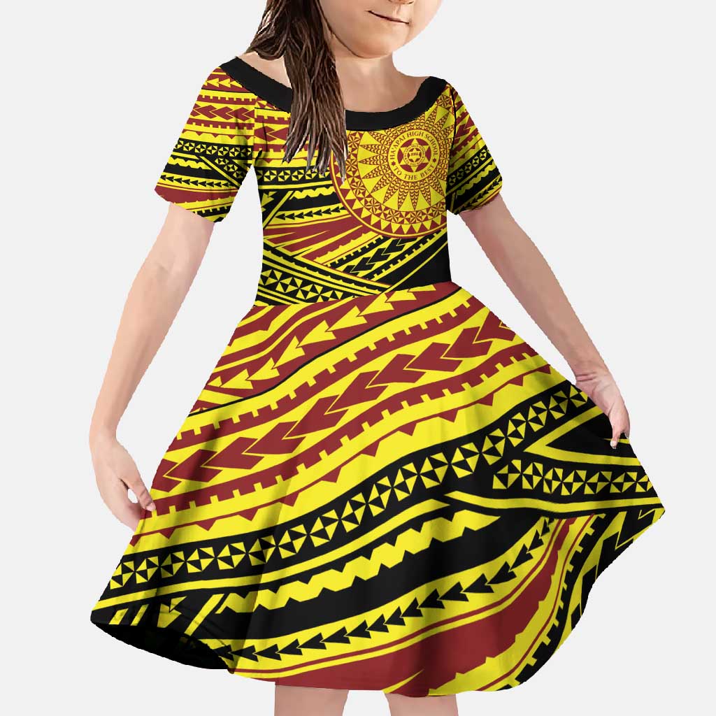 Personalised Tonga Ha apai High School Family Matching Long Sleeve Bodycon Dress and Hawaiian Shirt Ngatu Fonulei Pattern LT9 Daughter's Dress Gold - Polynesian Pride