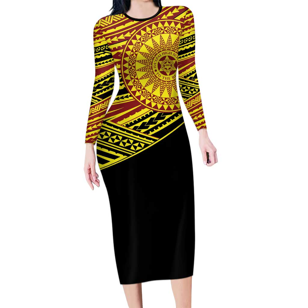Personalised Tonga Ha apai High School Family Matching Long Sleeve Bodycon Dress and Hawaiian Shirt Ngatu Fonulei Pattern LT9 Mom's Dress Gold - Polynesian Pride