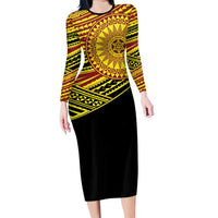 Personalised Tonga Ha apai High School Family Matching Long Sleeve Bodycon Dress and Hawaiian Shirt Ngatu Fonulei Pattern LT9 Mom's Dress Gold - Polynesian Pride