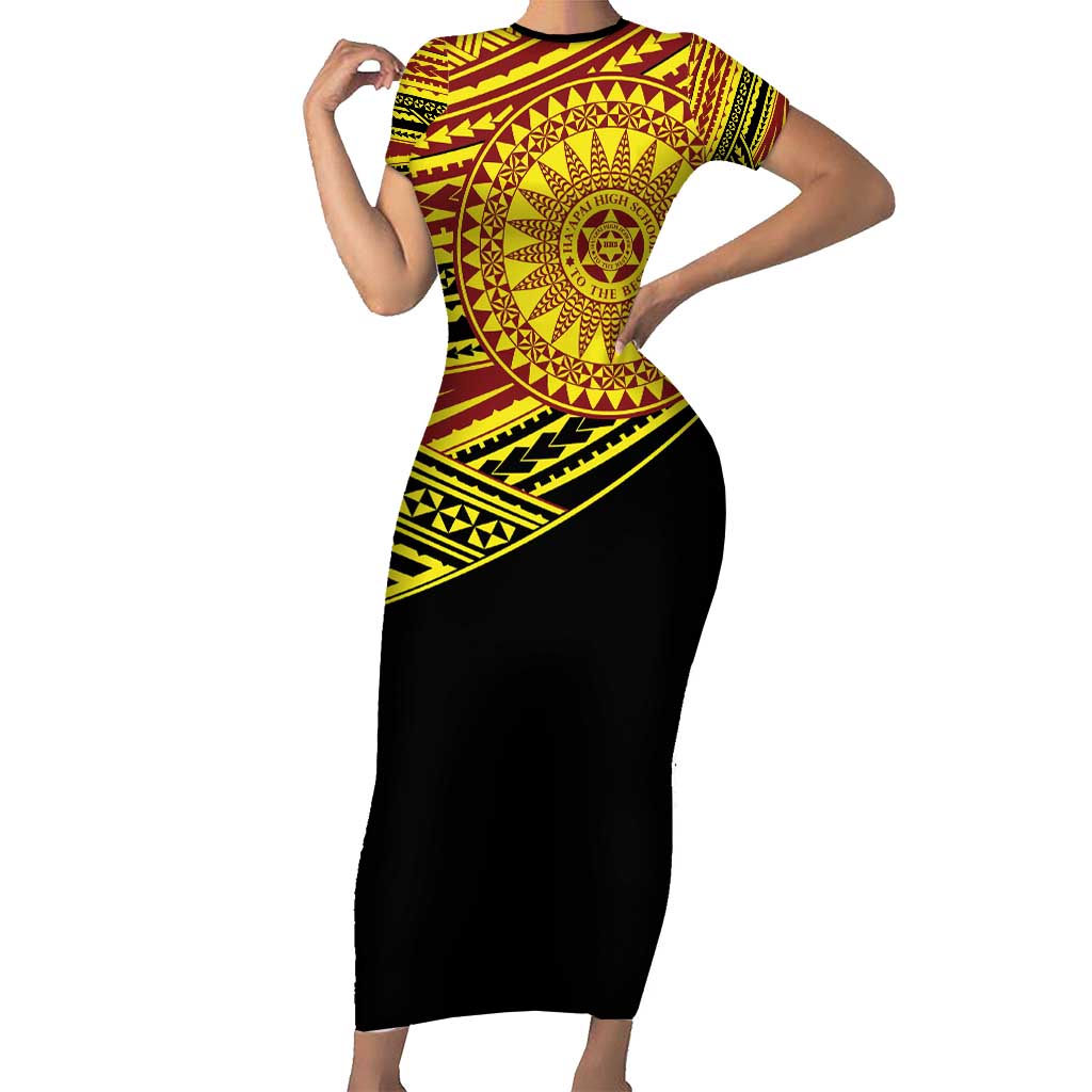 Personalised Tonga Ha apai High School Family Matching Short Sleeve Bodycon Dress and Hawaiian Shirt Ngatu Fonulei Pattern LT9 Mom's Dress Gold - Polynesian Pride