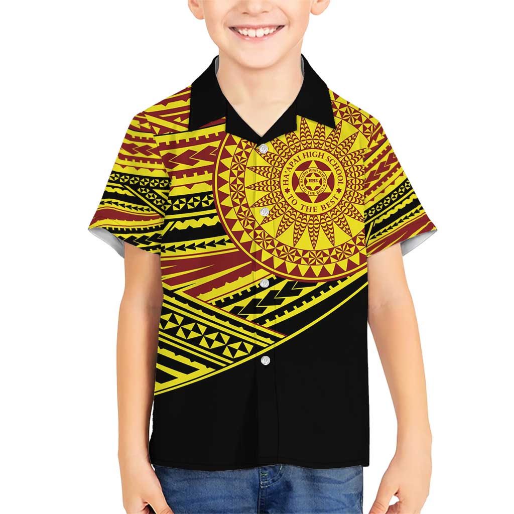 Personalised Tonga Ha apai High School Family Matching Short Sleeve Bodycon Dress and Hawaiian Shirt Ngatu Fonulei Pattern LT9 Son's Shirt Gold - Polynesian Pride
