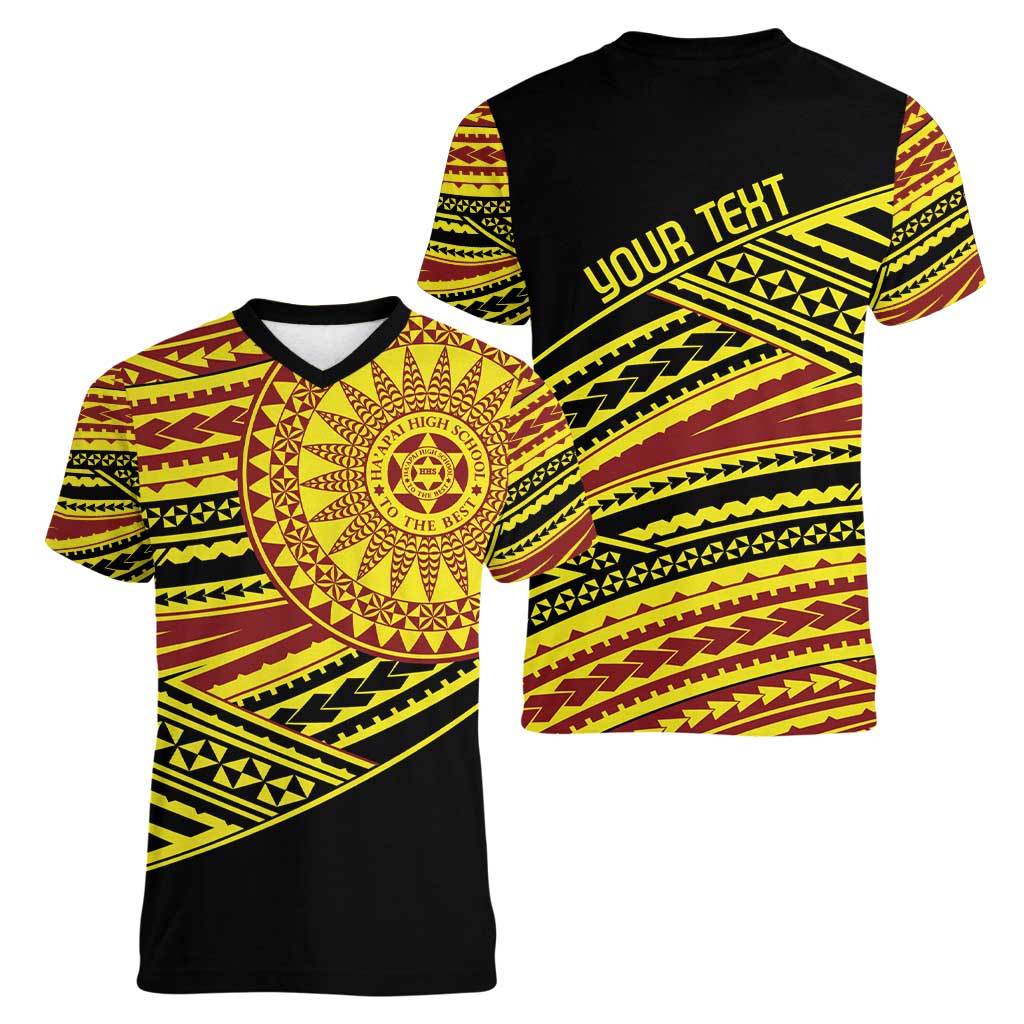 Personalised Tonga Ha apai High School Women V-Neck T-Shirt Ngatu Fonulei Pattern