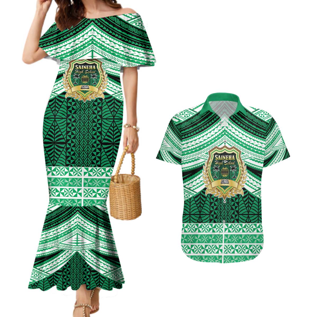 Personalised Tonga Saineha High School Couples Matching Mermaid Dress and Hawaiian Shirt Polynesian Ngatu Tribal