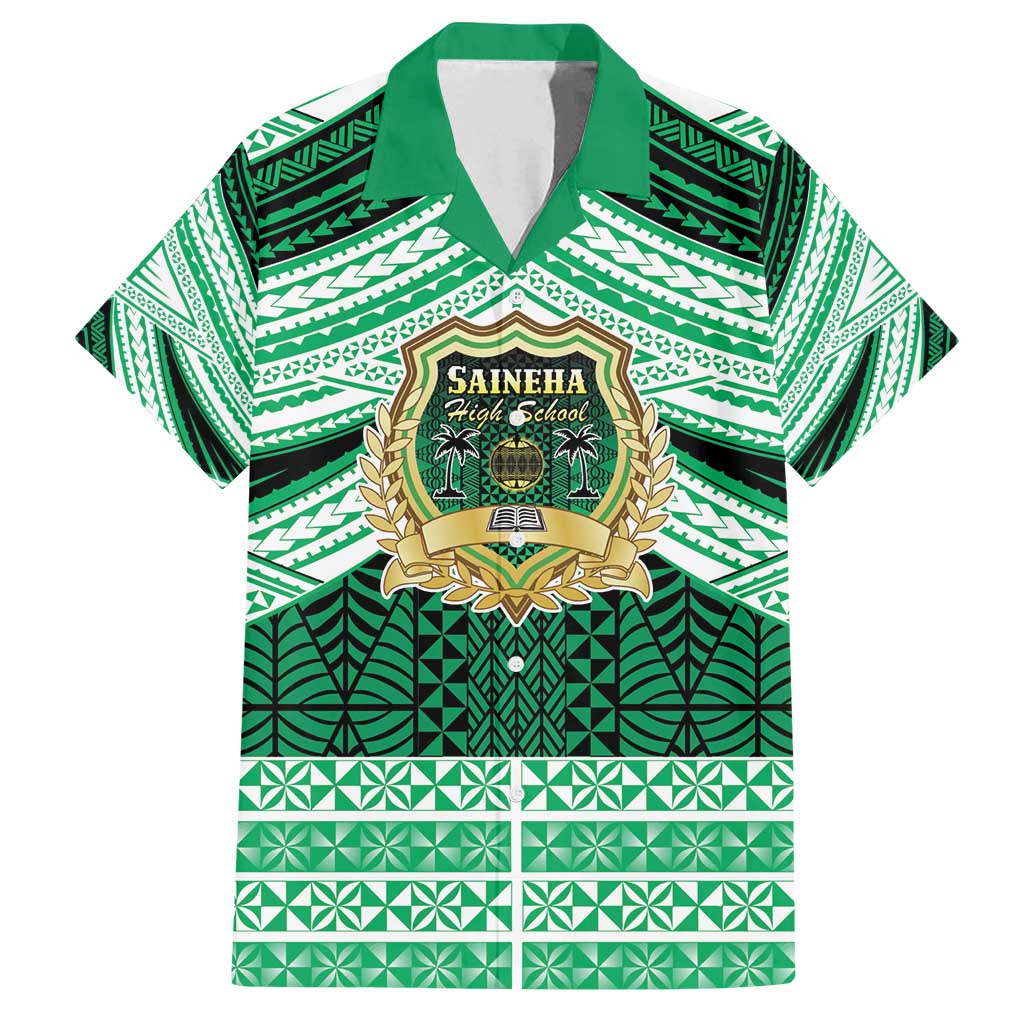 Personalised Tonga Saineha High School Family Matching Off Shoulder Maxi Dress and Hawaiian Shirt Polynesian Ngatu Tribal LT9 Dad's Shirt - Short Sleeve Green - Polynesian Pride