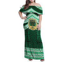 Personalised Tonga Saineha High School Family Matching Off Shoulder Maxi Dress and Hawaiian Shirt Polynesian Ngatu Tribal LT9 Mom's Dress Green - Polynesian Pride