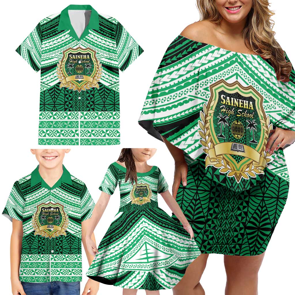 Personalised Tonga Saineha High School Family Matching Off Shoulder Short Dress and Hawaiian Shirt Polynesian Ngatu Tribal LT9 - Polynesian Pride