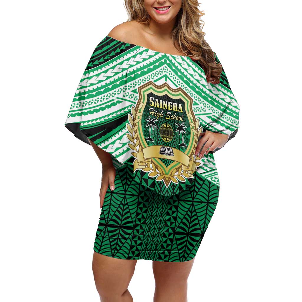 Personalised Tonga Saineha High School Family Matching Off Shoulder Short Dress and Hawaiian Shirt Polynesian Ngatu Tribal LT9 Mom's Dress Green - Polynesian Pride