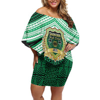 Personalised Tonga Saineha High School Family Matching Off Shoulder Short Dress and Hawaiian Shirt Polynesian Ngatu Tribal LT9 Mom's Dress Green - Polynesian Pride