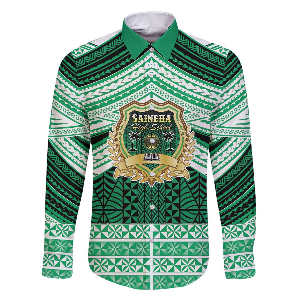 Personalised Tonga Saineha High School Family Matching Short Sleeve Bodycon Dress and Hawaiian Shirt Polynesian Ngatu Tribal LT9 Dad's Shirt - Long Sleeve Green - Polynesian Pride