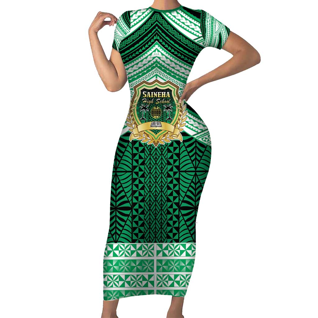 Personalised Tonga Saineha High School Family Matching Short Sleeve Bodycon Dress and Hawaiian Shirt Polynesian Ngatu Tribal LT9 Mom's Dress Green - Polynesian Pride
