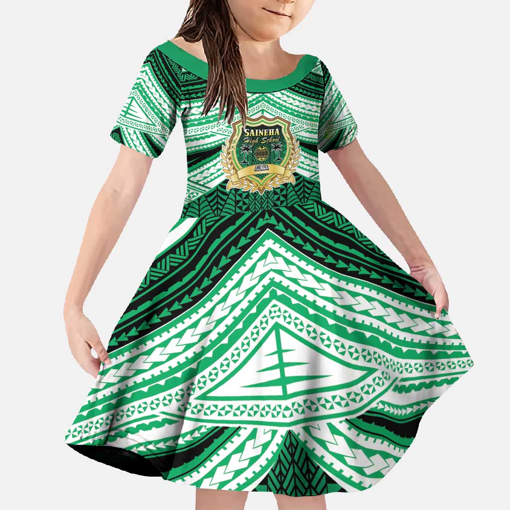 Personalised Tonga Saineha High School Family Matching Tank Maxi Dress and Hawaiian Shirt Polynesian Ngatu Tribal LT9 Daughter's Dress Green - Polynesian Pride