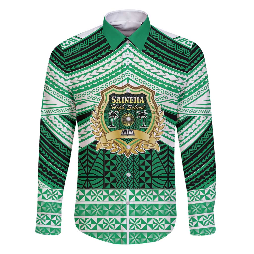 Personalised Tonga Saineha High School Family Matching Tank Maxi Dress and Hawaiian Shirt Polynesian Ngatu Tribal LT9 Dad's Shirt - Long Sleeve Green - Polynesian Pride