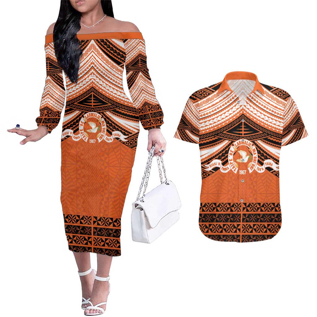 Personalised Tonga Tailulu College Couples Matching Off The Shoulder Long Sleeve Dress and Hawaiian Shirt Polynesian Ngatu Tribal