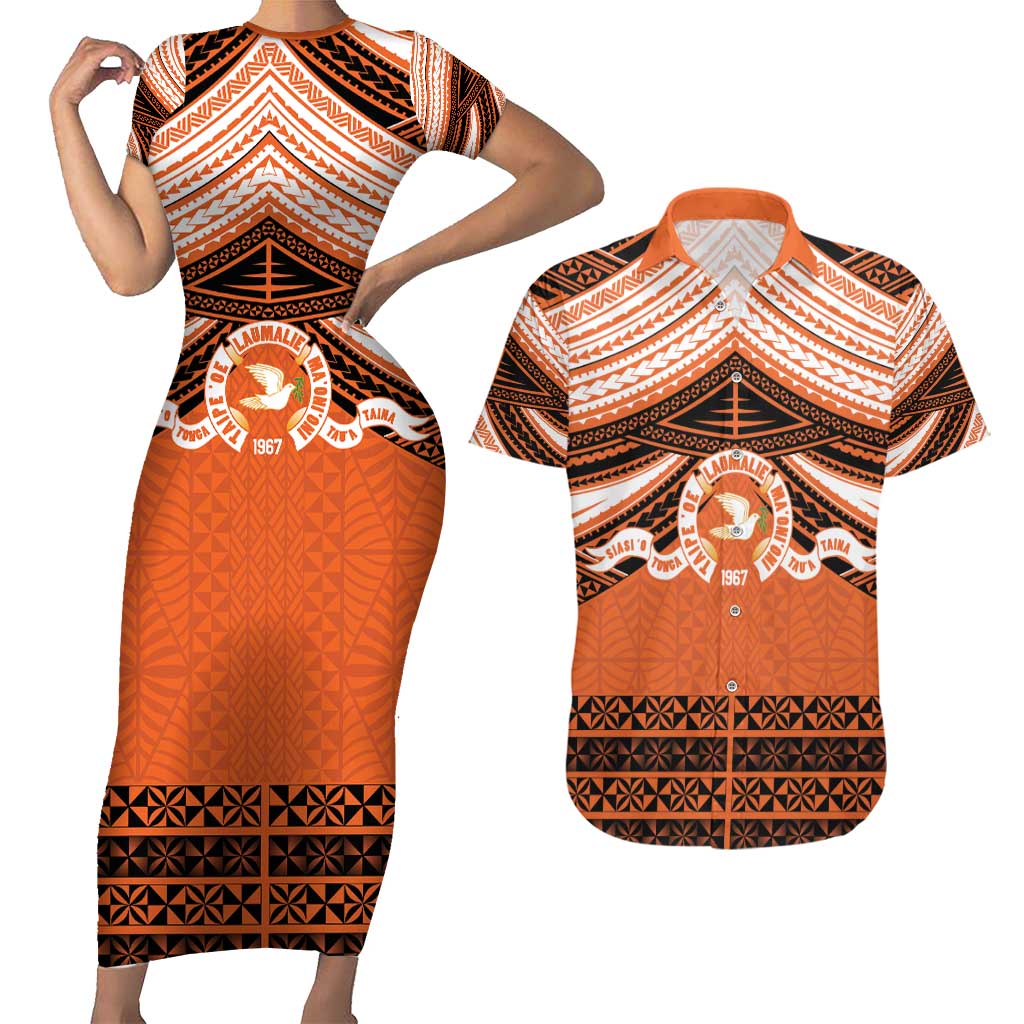 Personalised Tonga Tailulu College Couples Matching Short Sleeve Bodycon Dress and Hawaiian Shirt Polynesian Ngatu Tribal
